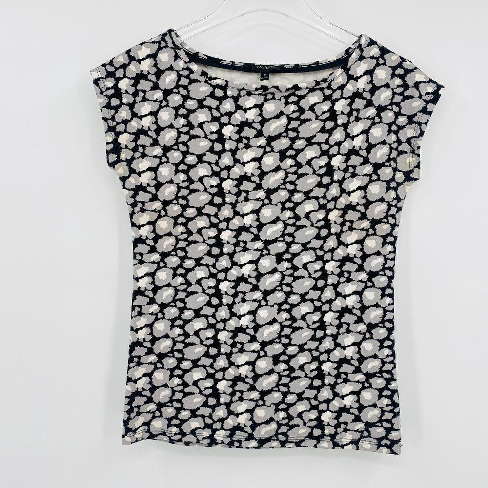 Talbots Size P XSP Black & Gray Printed Boat Neck Short Sleeve Jersey Knit Top